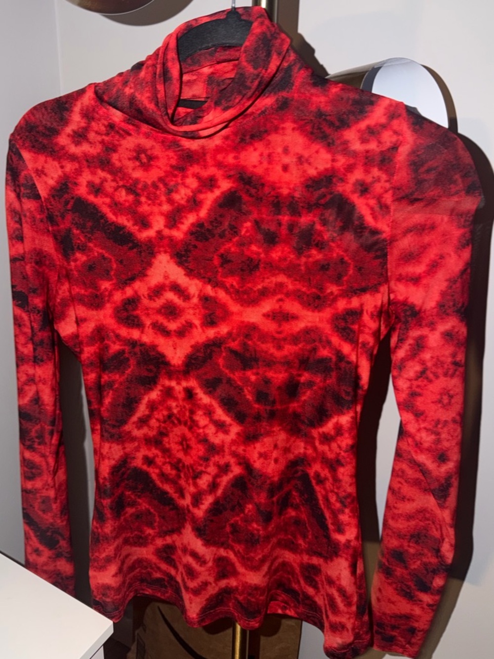INC International Concepts Red and Black Tie-Dye Mock Neck Top